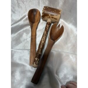 3 Vintage Wooden Cooking Spoons And Fork and Tenderizer hammer